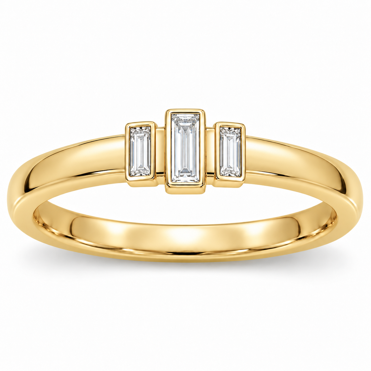[metal:yellow-gold] Olivienne Baguette Crown Band — front — Womens closed continuous narrow straight wedding band with exactly three north-south baguette diamonds in three slim separate rectangular bezels across top, centre baguette slightly raised and longer, two smaller flanking baguettes, all upright parallel. Plain smooth lower band. No round diamonds. [catalog-v4]