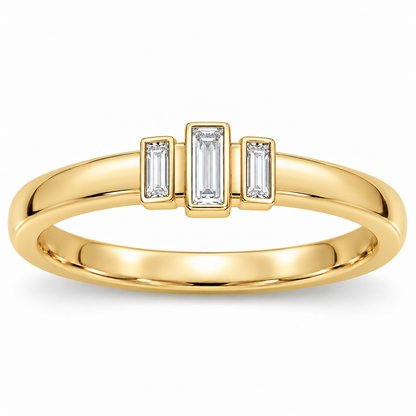 [metal:yellow-gold] Olivienne Baguette Crown Band — front — Womens closed continuous narrow straight wedding band with exactly three north-south baguette diamonds in three slim separate rectangular bezels across top, centre baguette slightly raised and longer, two smaller flanking baguettes, all upright parallel. Plain smooth lower band. No round diamonds. [catalog-v4]