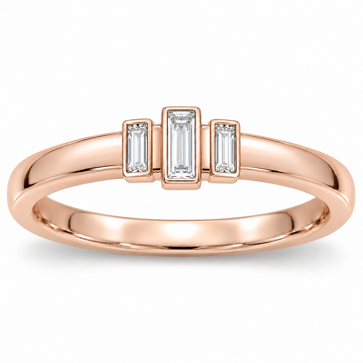 [metal:rose-gold] Olivienne Baguette Crown Band — front — Womens closed continuous narrow straight wedding band with exactly three north-south baguette diamonds in three slim separate rectangular bezels across top, centre baguette slightly raised and longer, two smaller flanking baguettes, all upright parallel. Plain smooth lower band. No round diamonds. [catalog-v4]