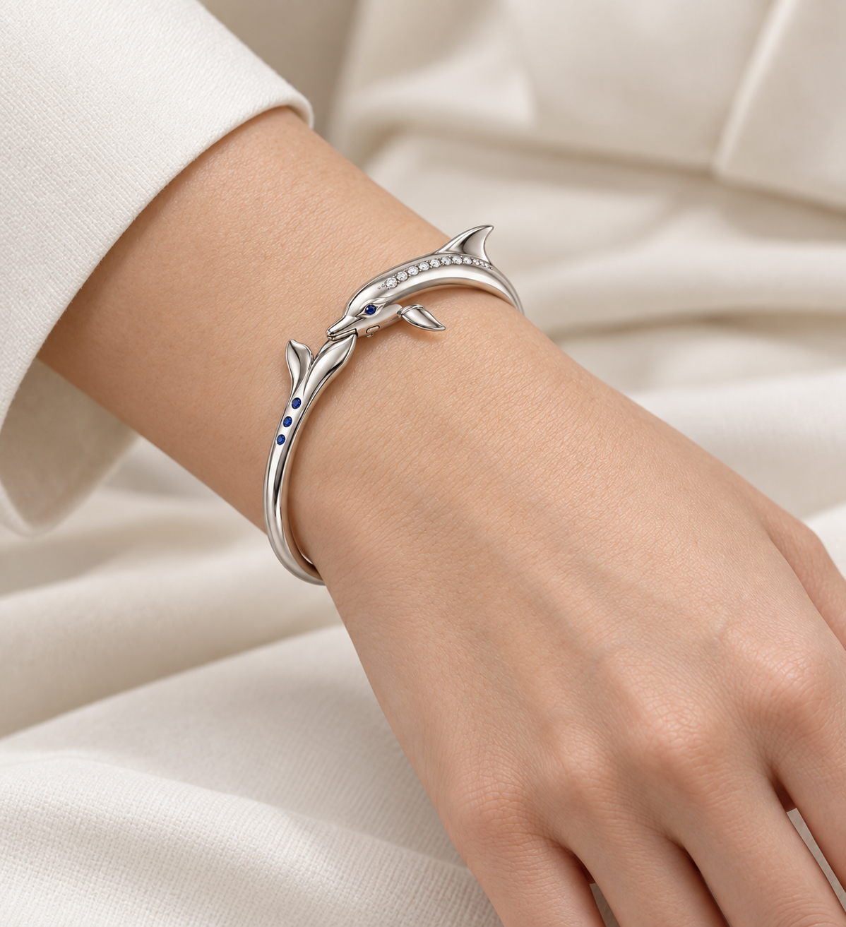 Ondine Dolphin Wrap Bracelet — corrected worn view at smaller scale