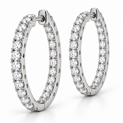[metal:white-gold] Ondine Pavé Hoops — three-quarter — Oblique view showing side walls and clasp construction [catalog-v4]