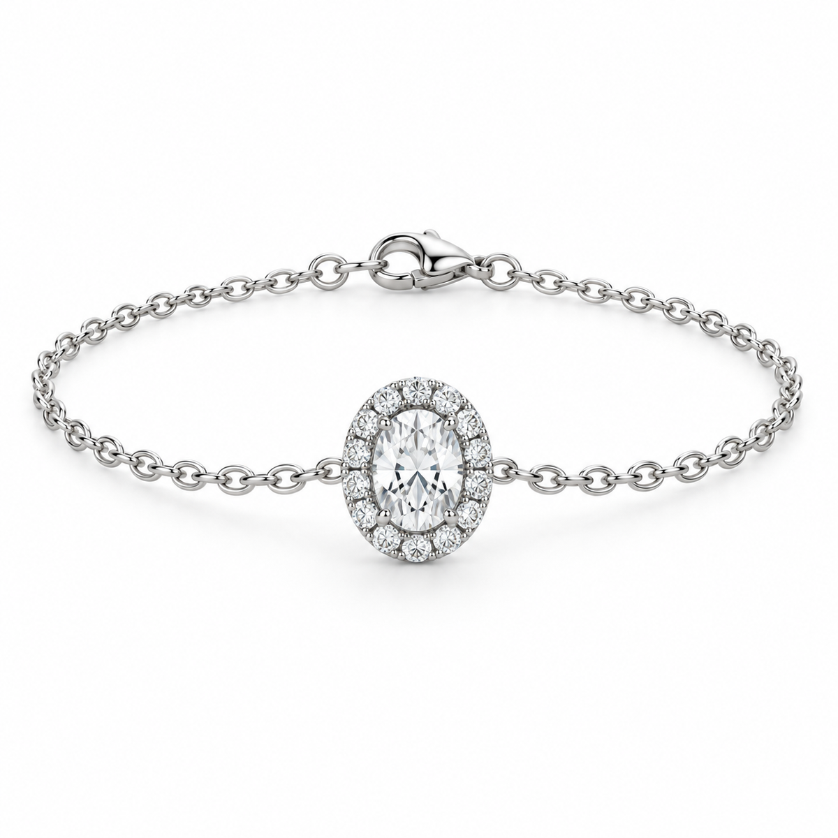 [metal:white-gold] Ophelia Halo Bracelet — front — Oval halo bracelet, low oblique studio view [catalog-v4]