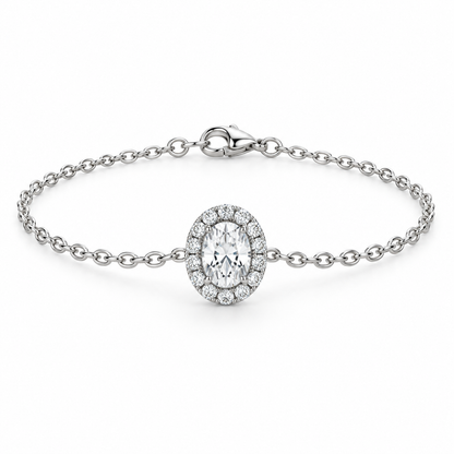 [metal:white-gold] Ophelia Halo Bracelet — front — Oval halo bracelet, low oblique studio view [catalog-v4]