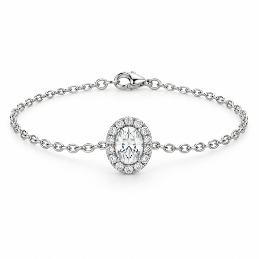 [metal:white-gold] Ophelia Halo Bracelet — front — Oval halo bracelet, low oblique studio view [catalog-v4]