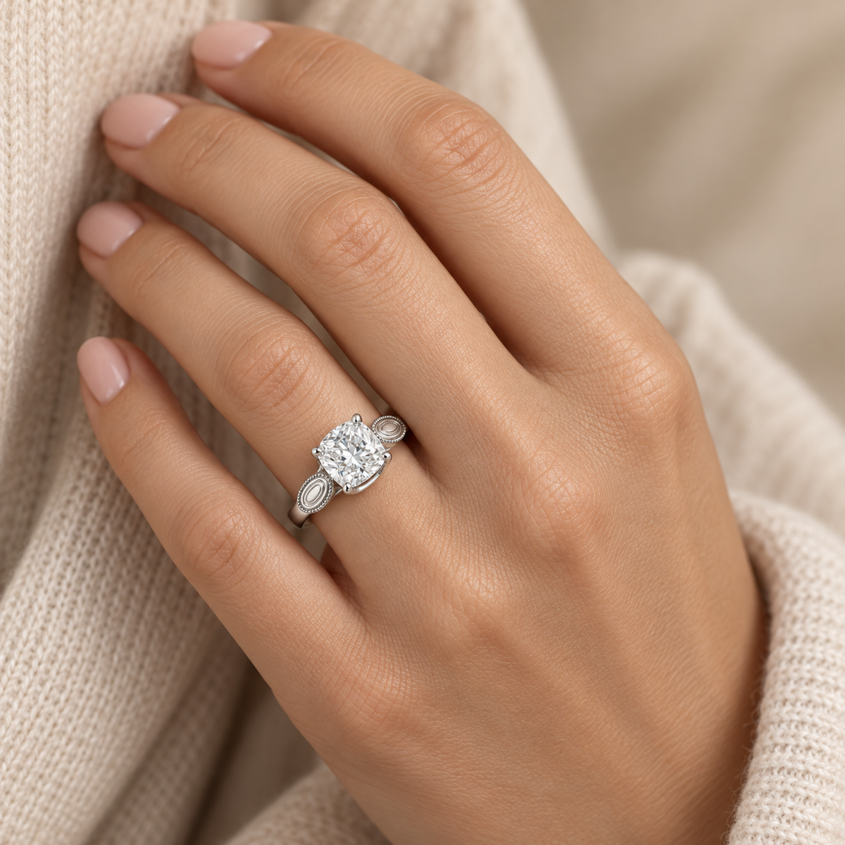 [metal:white-gold] Ophira Cartouche Solitaire Setting — worn — Same design shown worn [catalog-v4]