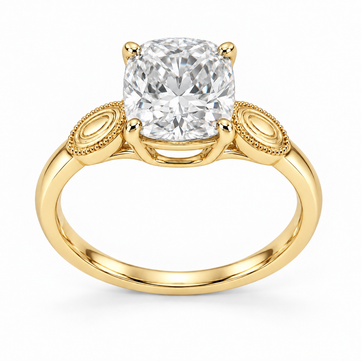 [metal:yellow-gold] Ophira Cartouche Solitaire Setting — front — One cushion centre in four corner claws in a compact open basket. At each shoulder a single small solid polished oval cartouche inset with engraved concentric oval lines, no stones. Cartouches lie flat along the top of the shank, merge into one slim plain band. Fine bead border on cartouches only, open U bridge beneath centre. [catalog-v4]