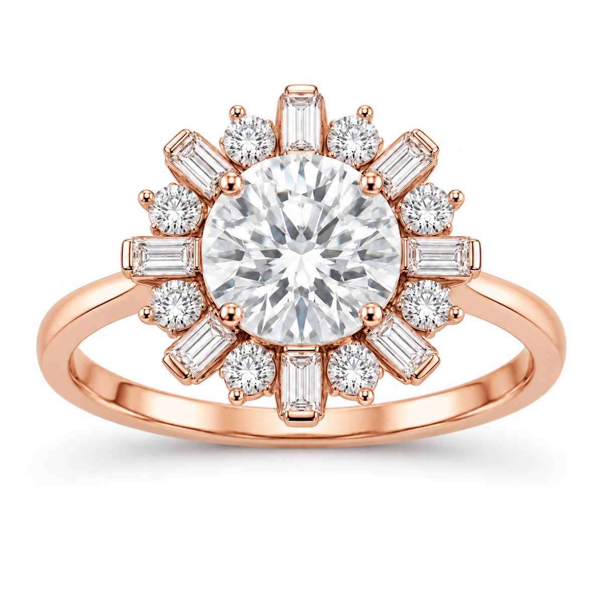 [metal:rose-gold] Orelia Sunray Halo Setting — front — Original setting design illustration [catalog-v4]