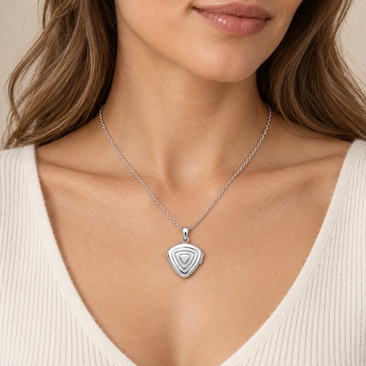 [metal:white-gold] Orelisse Ripple Locket Necklace — worn — Same design shown worn [catalog-v4]
