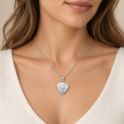 [metal:white-gold] Orelisse Ripple Locket Necklace — worn — Same design shown worn [catalog-v4]