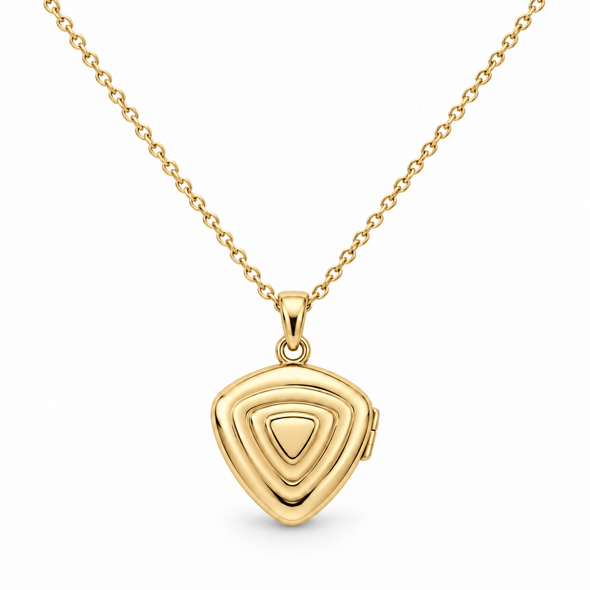 [metal:yellow-gold] Orelisse Ripple Locket Necklace — front — One small closed rounded-triangle locket with three shallow concentric rounded-triangle ripples on its front, smooth back, discreet hinge on right edge and a small simple round bail. Fine cable chain. No engraving or stones. [catalog-v4]