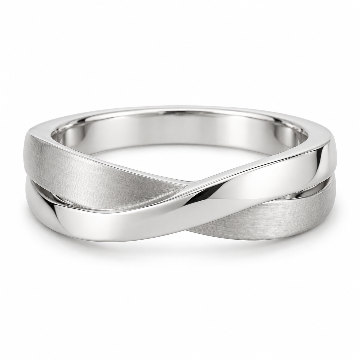 [metal:white-gold] Orielle Ribbon Crossover Ring — front — two flat white gold ribbons crossing asymmetrically, one satin one polished, sculptural low-profile crossover ring no stones, front view [catalog-v4]
