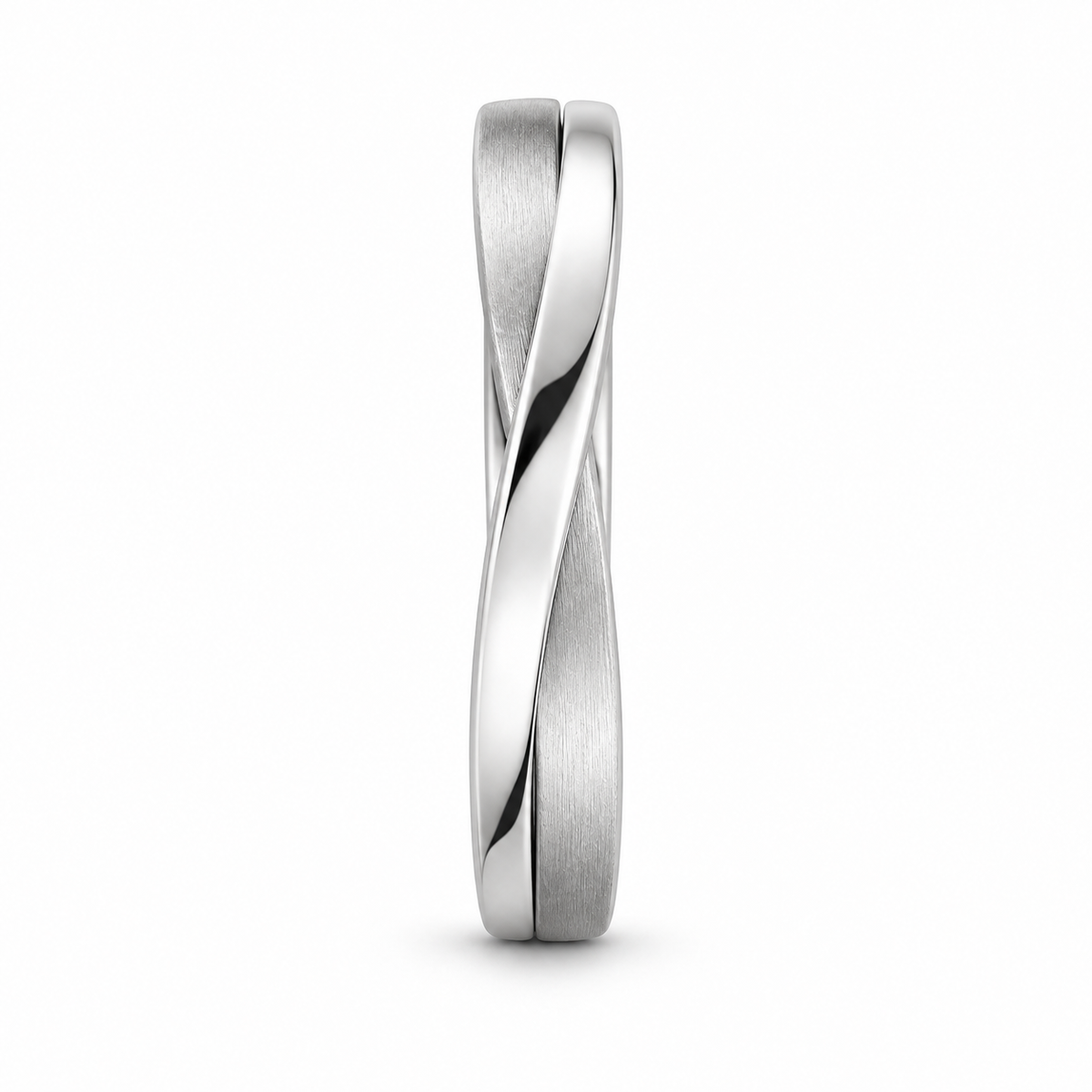 [metal:white-gold] Orielle Ribbon Crossover Ring — side-profile — two flat white gold ribbons crossing asymmetrically, one satin one polished, sculptural low-profile crossover ring no stones, side-profile view [catalog-v4]