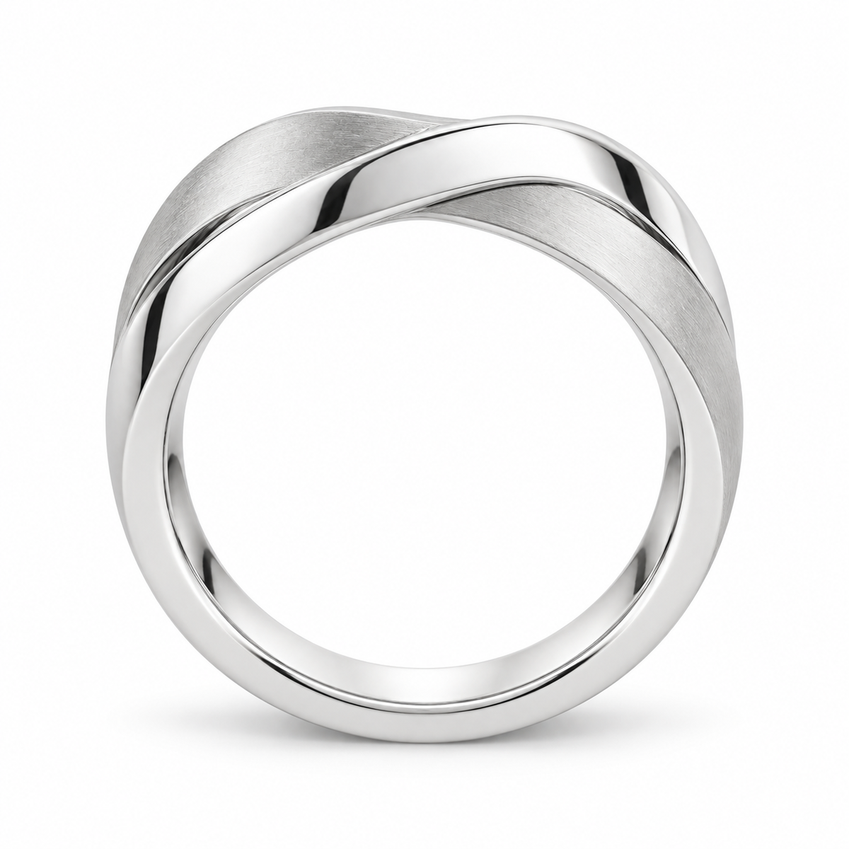 [metal:white-gold] Orielle Ribbon Crossover Ring — top — two flat white gold ribbons crossing asymmetrically, one satin one polished, sculptural low-profile crossover ring no stones, top view [catalog-v4]