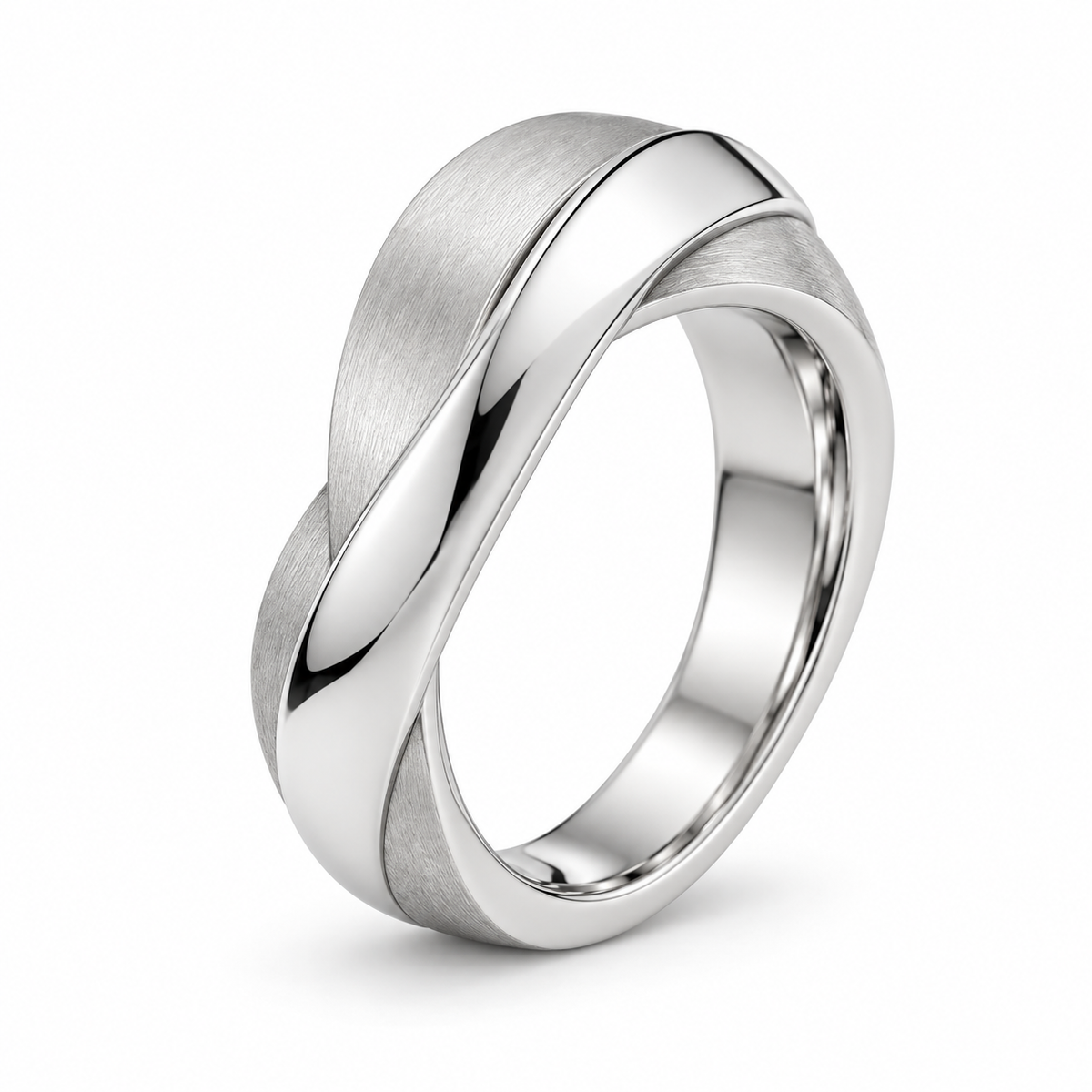 [metal:white-gold] Orielle Ribbon Crossover Ring — three-quarter — two flat white gold ribbons crossing asymmetrically, one satin one polished, sculptural low-profile crossover ring no stones, three-quarter view [catalog-v4]