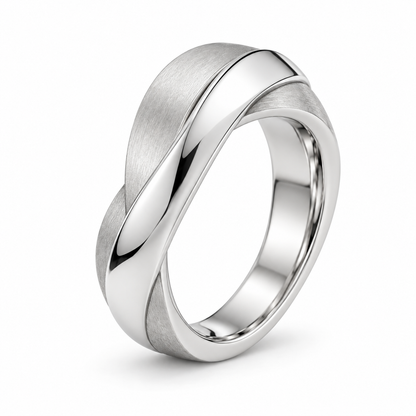 [metal:white-gold] Orielle Ribbon Crossover Ring — three-quarter — two flat white gold ribbons crossing asymmetrically, one satin one polished, sculptural low-profile crossover ring no stones, three-quarter view [catalog-v4]