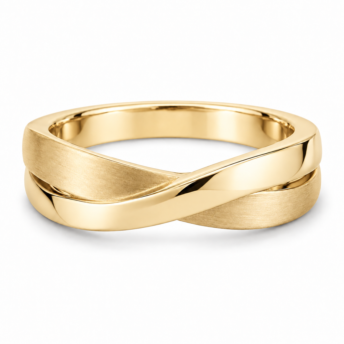 [metal:yellow-gold] Orielle Ribbon Crossover Ring — front — two flat white gold ribbons crossing asymmetrically, one satin one polished, sculptural low-profile crossover ring no stones, front view [catalog-v4]