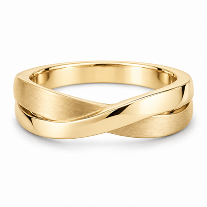 [metal:yellow-gold] Orielle Ribbon Crossover Ring — front — two flat white gold ribbons crossing asymmetrically, one satin one polished, sculptural low-profile crossover ring no stones, front view [catalog-v4]