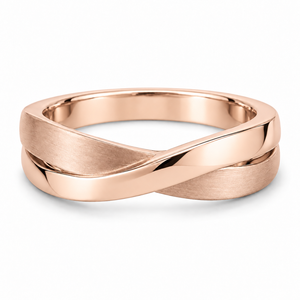 [metal:rose-gold] Orielle Ribbon Crossover Ring — front — two flat white gold ribbons crossing asymmetrically, one satin one polished, sculptural low-profile crossover ring no stones, front view [catalog-v4]