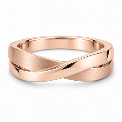 [metal:rose-gold] Orielle Ribbon Crossover Ring — front — two flat white gold ribbons crossing asymmetrically, one satin one polished, sculptural low-profile crossover ring no stones, front view [catalog-v4]