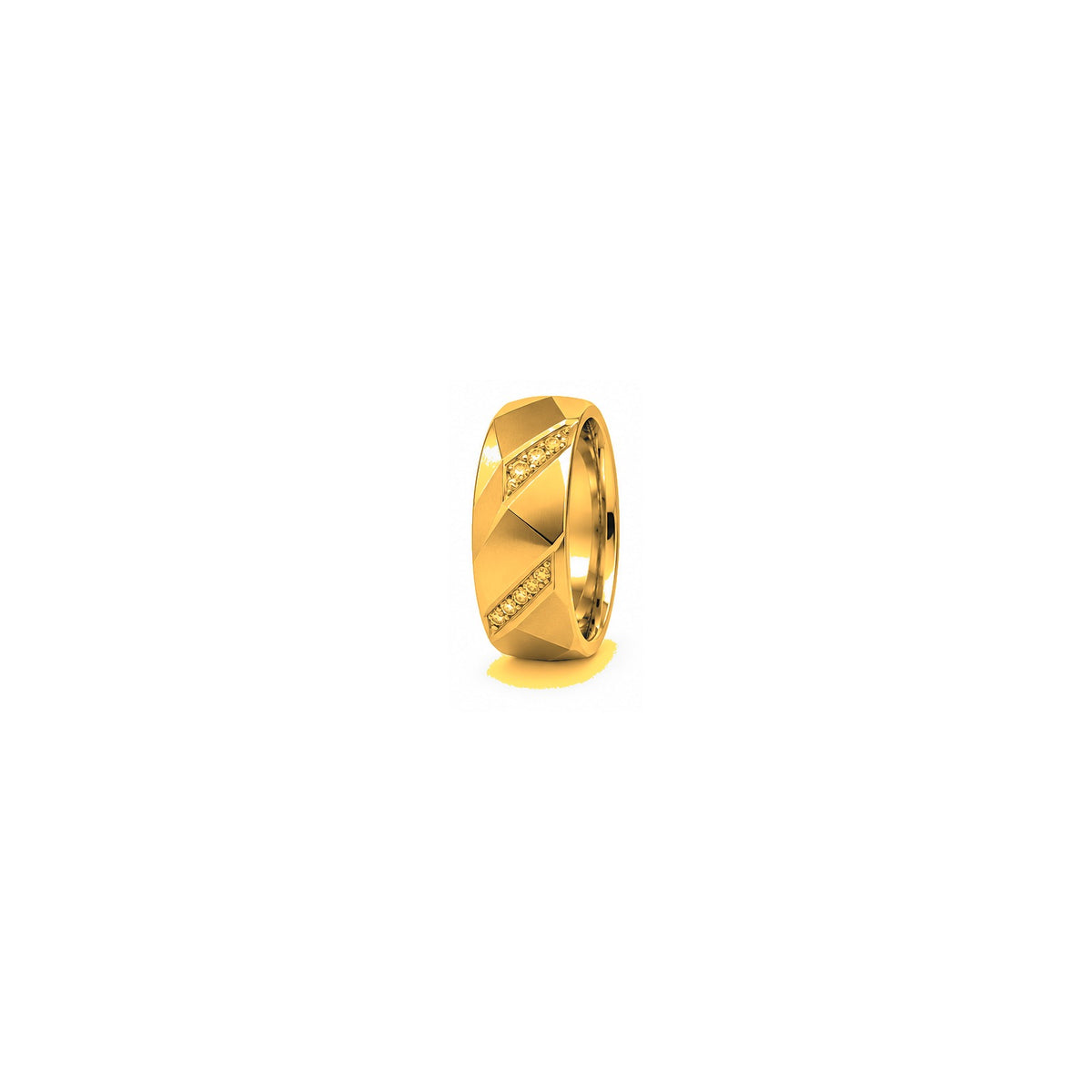 [metal:yellow-gold] Orion Geometric Diamond Band — yellow gold hero — illustrative catalogue render