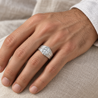 [metal:all] Osric Oval Crest Setting — worn — Human-worn styling illustration; proportions are not calibrated [catalog-v4]