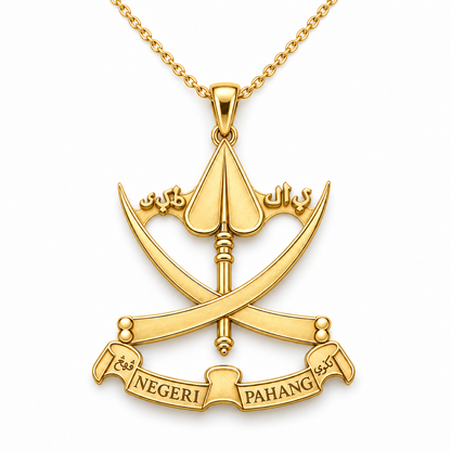 Pahang Emblem Pendant — front, yellow gold; any chain shown is an optional styling accessory