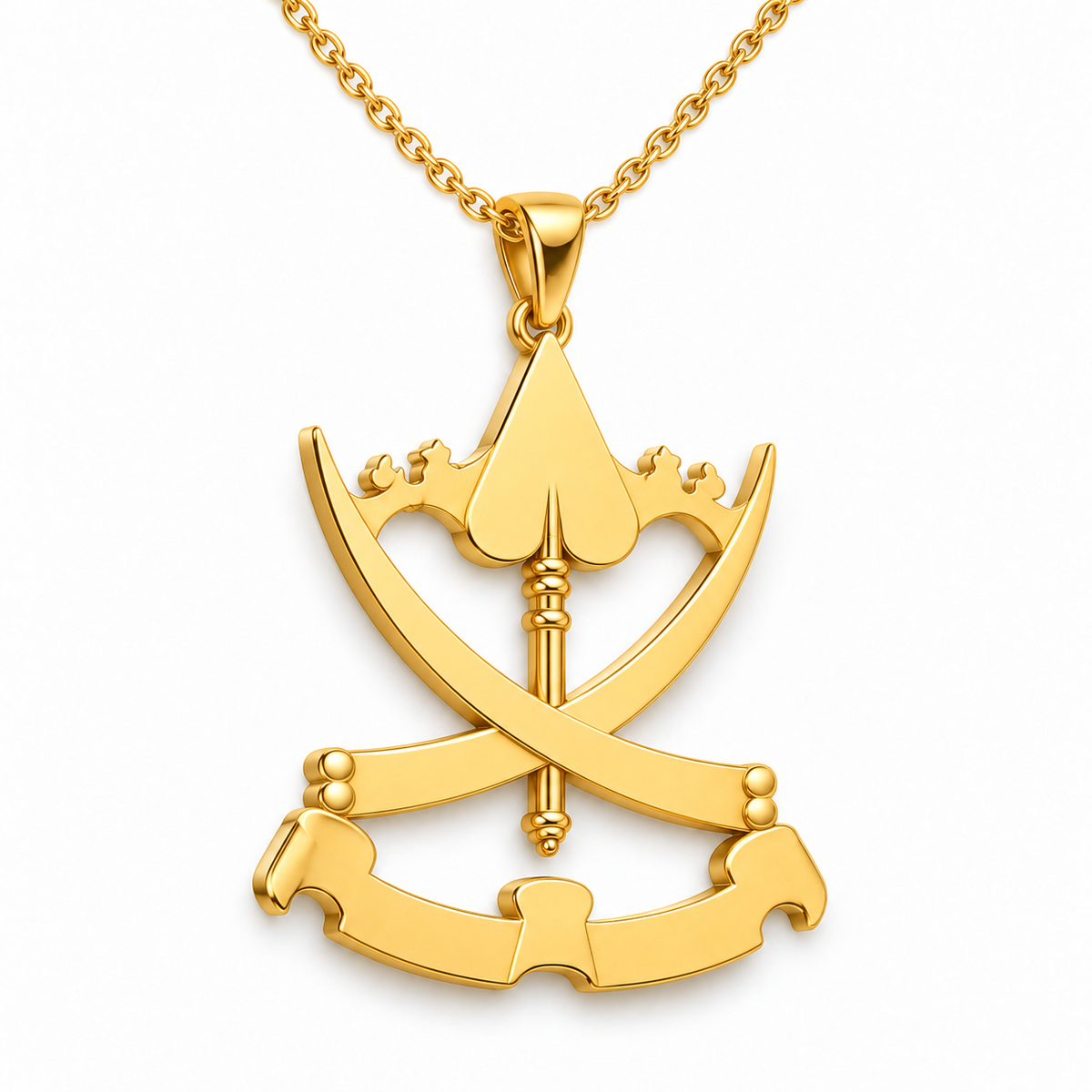 Pahang Emblem Pendant — plain reverse angle, yellow gold; any chain shown is an optional styling accessory