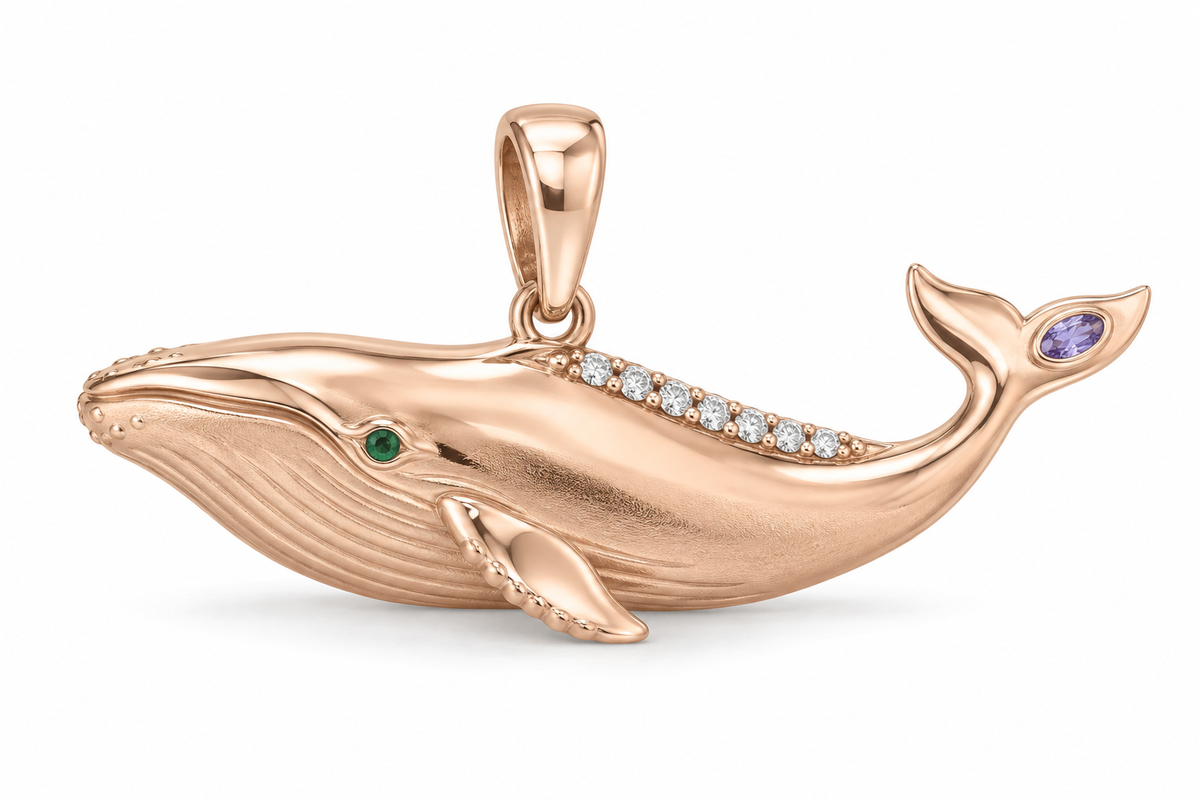 Pelagia Whale Pendant — hero — [metal:rose-gold] — Model styling:19-inch (48.3 cm) chain; pendant sold separately
