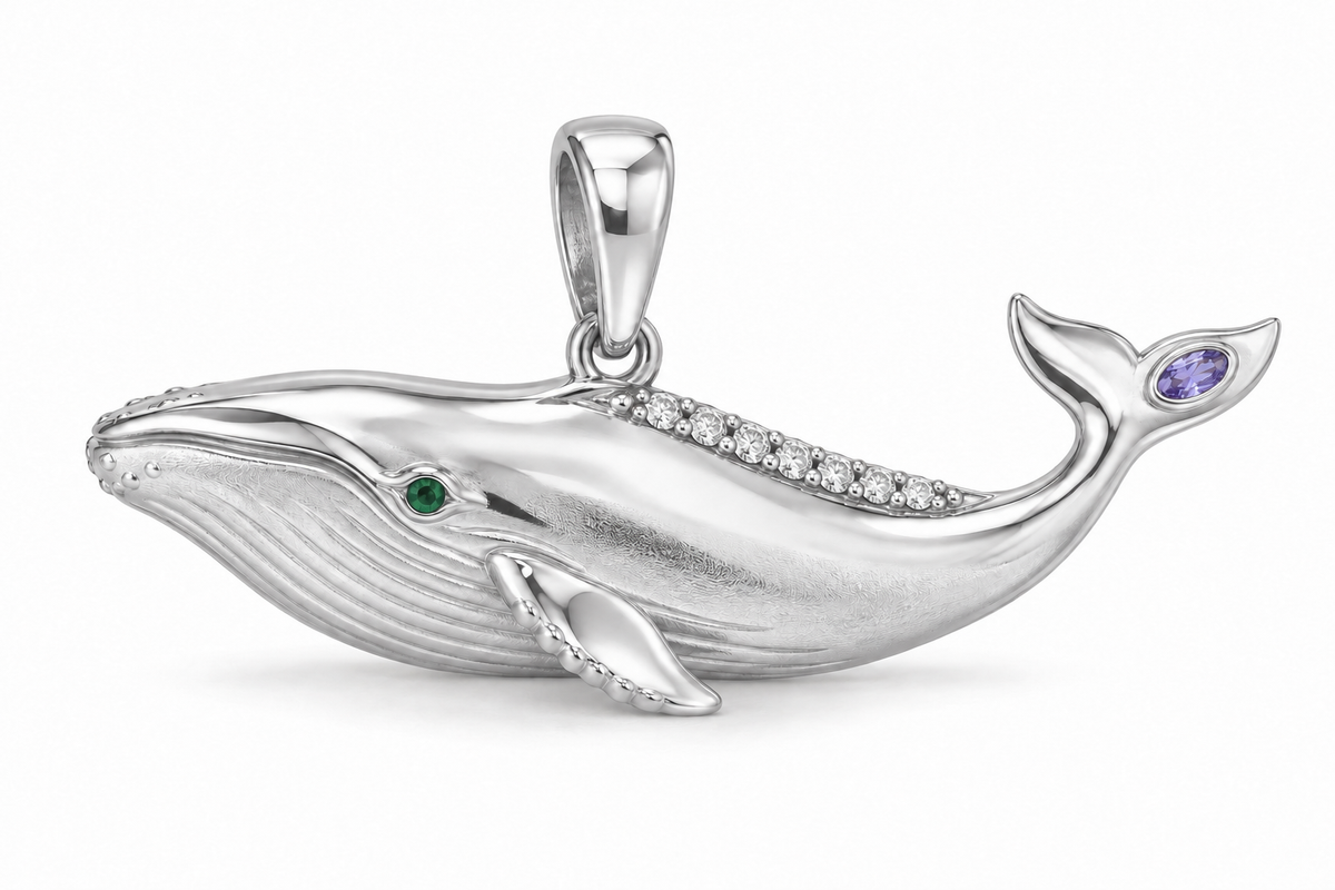 Pelagia Whale Pendant — hero — [metal:white-gold] — Model styling:19-inch (48.3 cm) chain; pendant sold separately