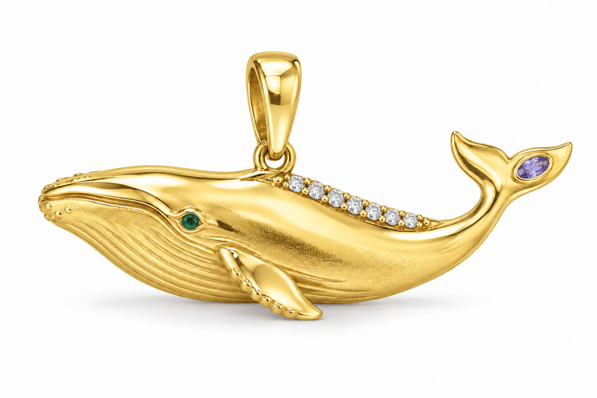 Pelagia Whale Pendant — hero — [metal:yellow-gold] — Model styling:19-inch (48.3 cm) chain; pendant sold separately