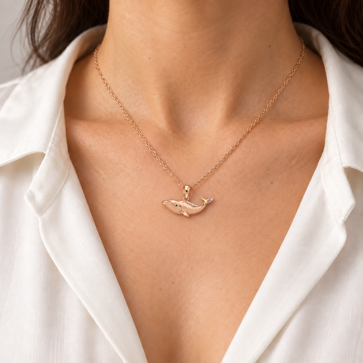 Pelagia Whale Pendant — worn view — [metal:all] — Model styling:19-inch (48.3 cm) chain; pendant sold separately
