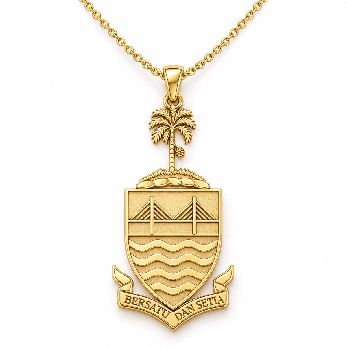 Penang Emblem Pendant — front, yellow gold; any chain shown is an optional styling accessory