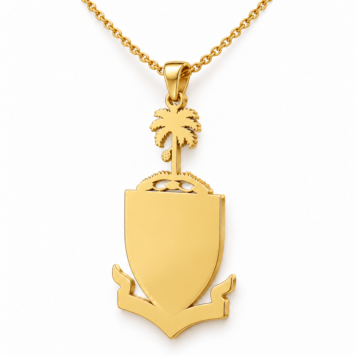 Penang Emblem Pendant — plain reverse angle, yellow gold; any chain shown is an optional styling accessory