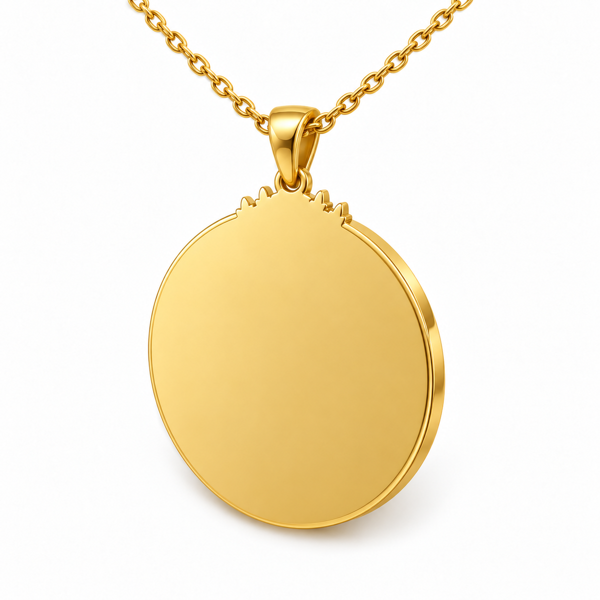 Perak Emblem Pendant — plain reverse angle, yellow gold; any chain shown is an optional styling accessory