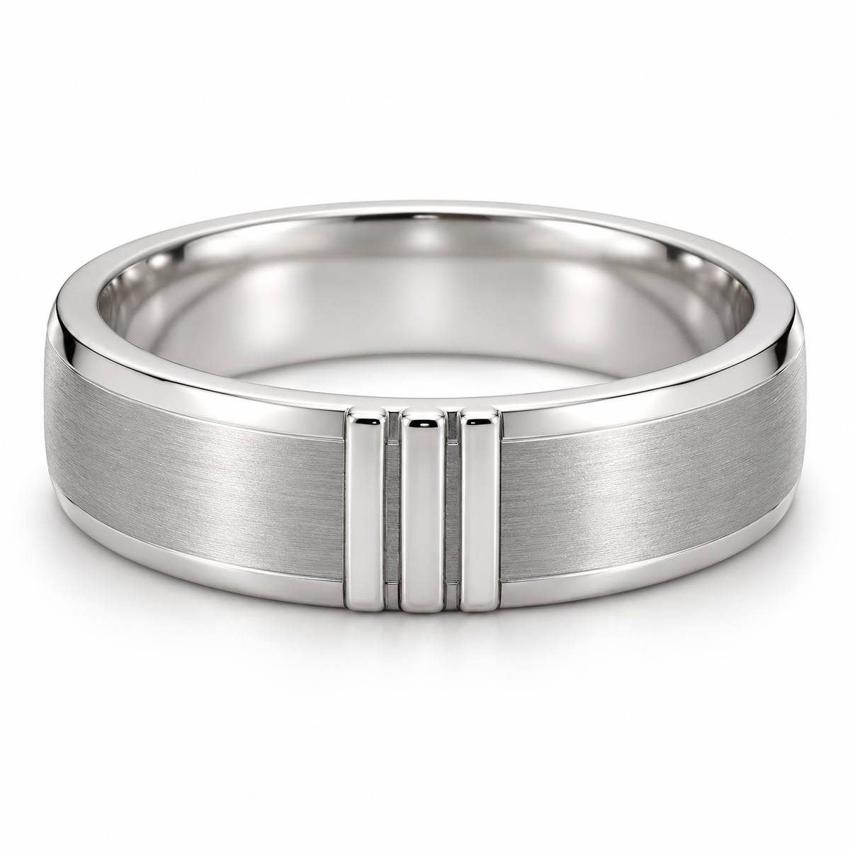 [metal:white-gold] Rhydian Offset-Pillar Band — front — Mens closed continuous flat 6 mm wedding band. Three short raised polished vertical bars grouped on front third of a satin flat surface, separated by satin gaps. Rounded polished outer edges, smooth circular comfort-fit interior, plain underside. No stones. [catalog-v4]