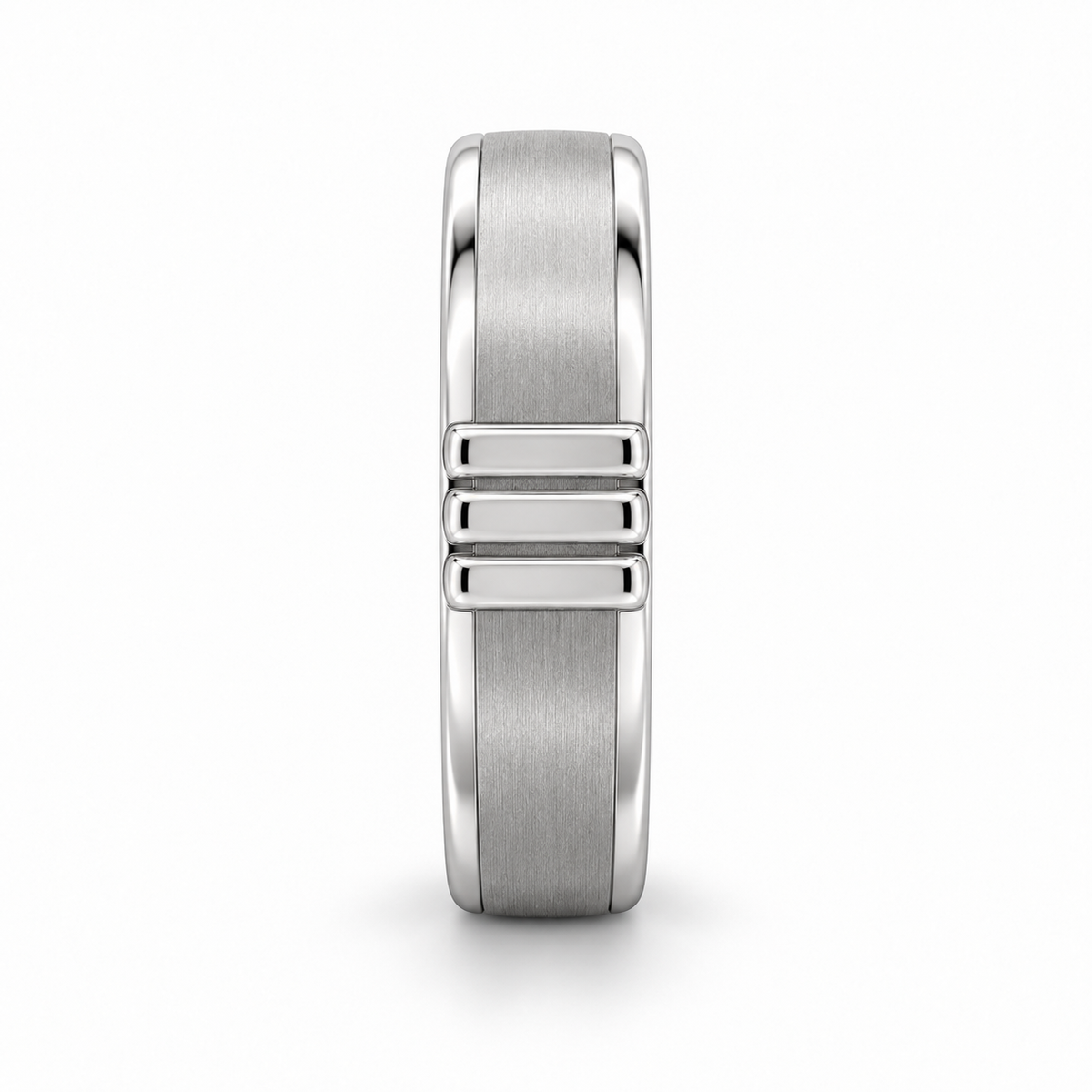[metal:white-gold] Rhydian Offset-Pillar Band — edge-profile — Same design shown edge profile [catalog-v4]