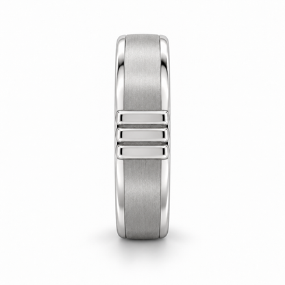 [metal:white-gold] Rhydian Offset-Pillar Band — edge-profile — Same design shown edge profile [catalog-v4]