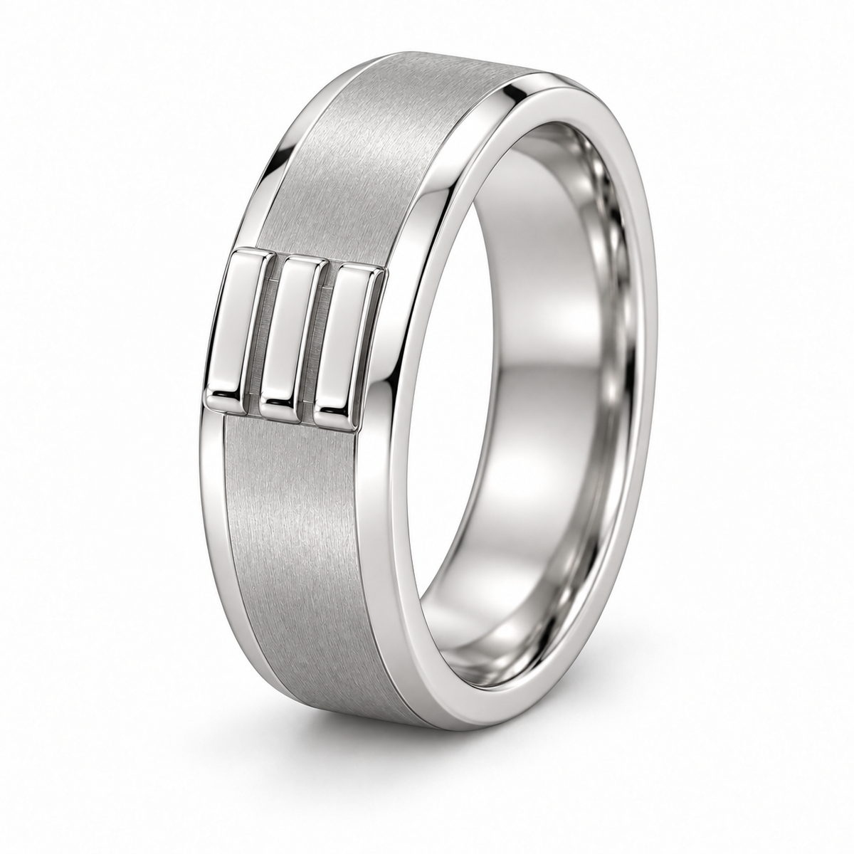 [metal:white-gold] Rhydian Offset-Pillar Band — oblique — Same design shown oblique [catalog-v4]