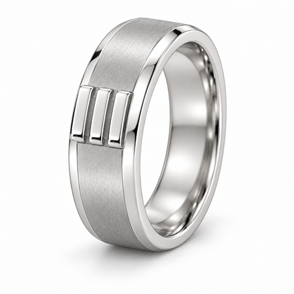 [metal:white-gold] Rhydian Offset-Pillar Band — oblique — Same design shown oblique [catalog-v4]