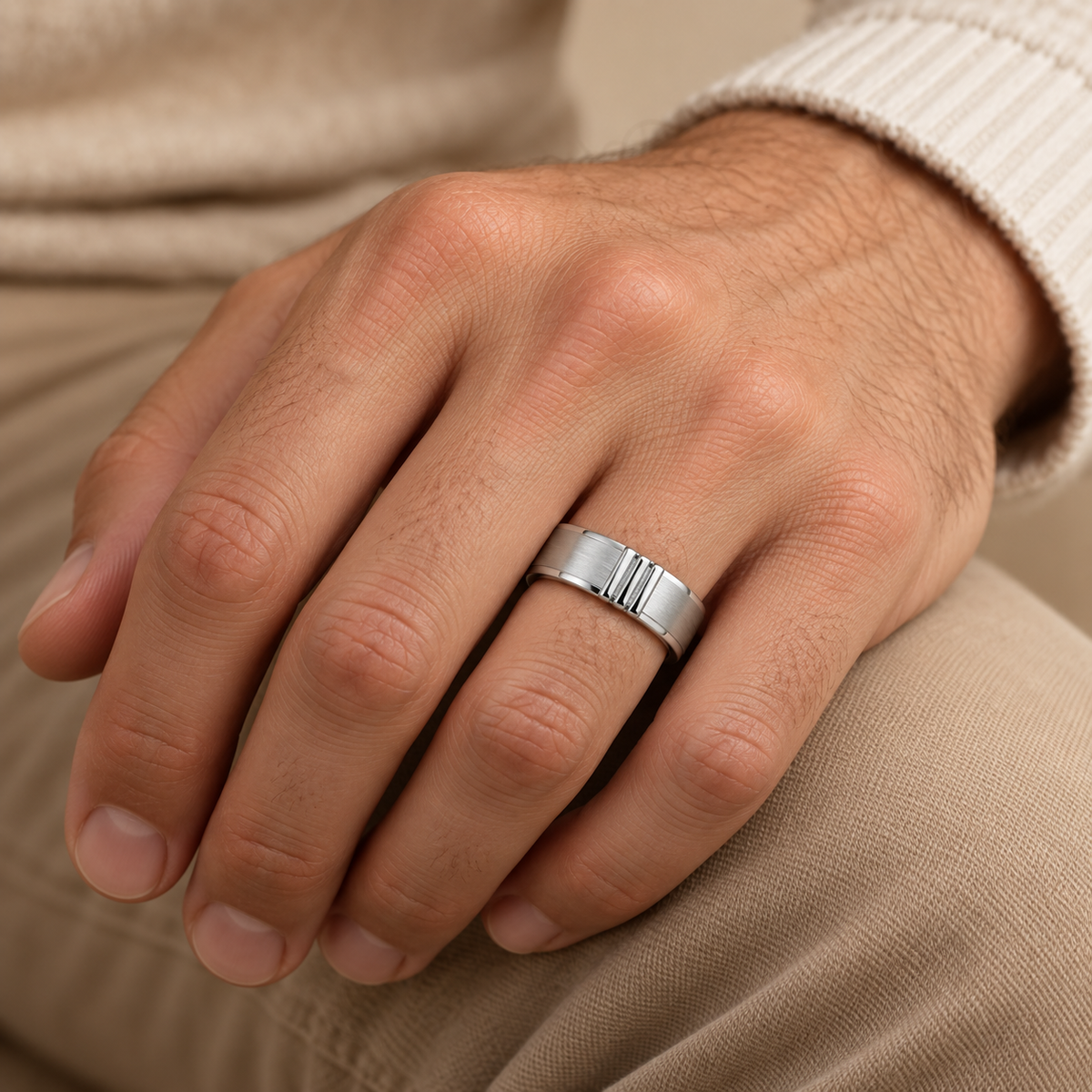 [metal:white-gold] Rhydian Offset-Pillar Band — worn — Same design shown worn [catalog-v4]