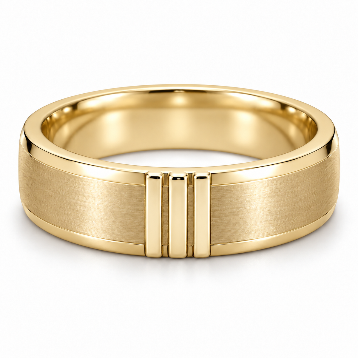 [metal:yellow-gold] Rhydian Offset-Pillar Band — front — Mens closed continuous flat 6 mm wedding band. Three short raised polished vertical bars grouped on front third of a satin flat surface, separated by satin gaps. Rounded polished outer edges, smooth circular comfort-fit interior, plain underside. No stones. [catalog-v4]