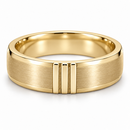 [metal:yellow-gold] Rhydian Offset-Pillar Band — front — Mens closed continuous flat 6 mm wedding band. Three short raised polished vertical bars grouped on front third of a satin flat surface, separated by satin gaps. Rounded polished outer edges, smooth circular comfort-fit interior, plain underside. No stones. [catalog-v4]