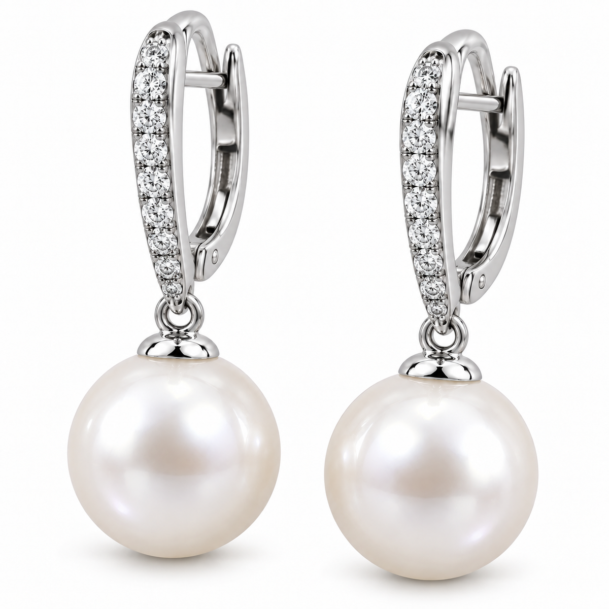 [metal:white-gold] Rosaline Pearl Drop Earrings — three-quarter — Oblique view showing hinged clasp construction [catalog-v4]
