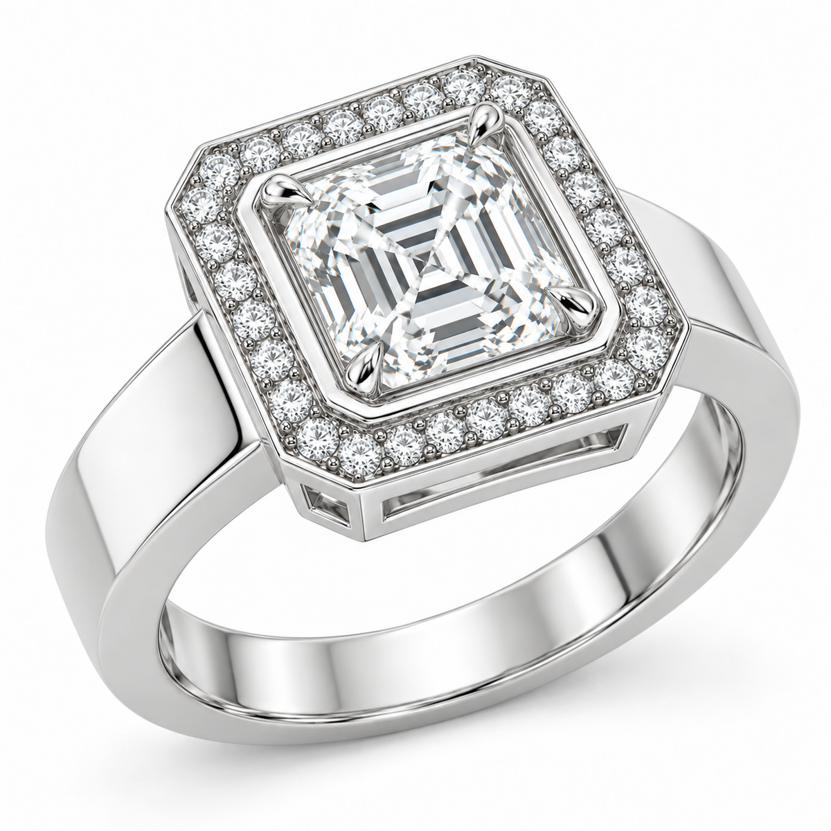 [metal:white-gold] Ruelle Double-Frame Halo Setting — three-quarter — Original setting design illustration [catalog-v4]