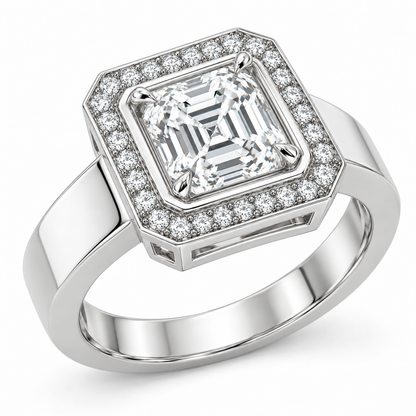 [metal:white-gold] Ruelle Double-Frame Halo Setting — three-quarter — Original setting design illustration [catalog-v4]