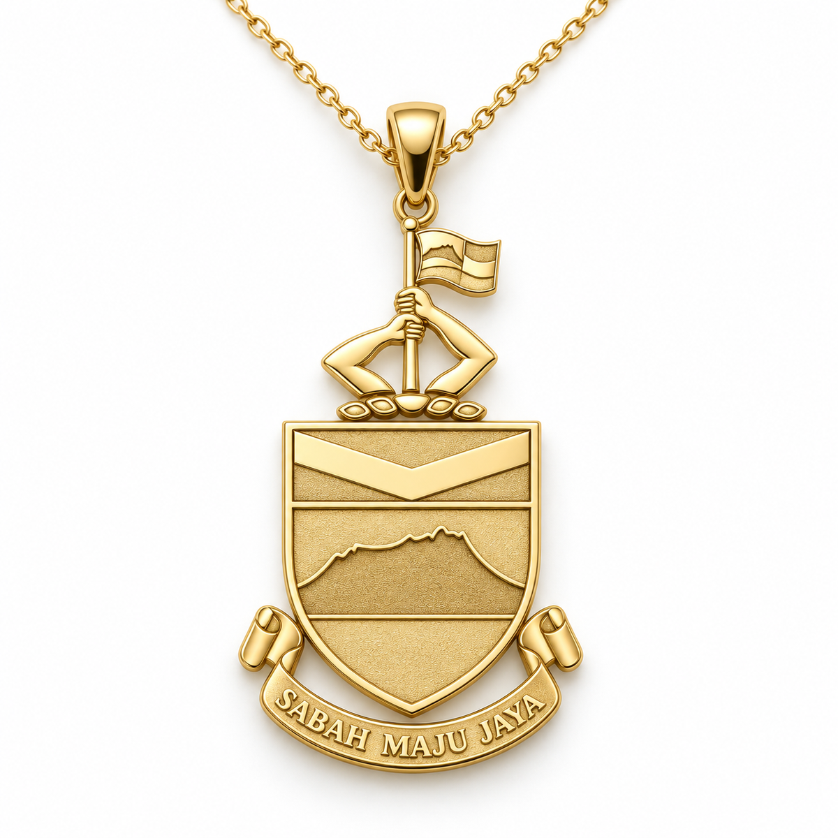 Sabah Emblem Pendant — front, yellow gold; any chain shown is an optional styling accessory