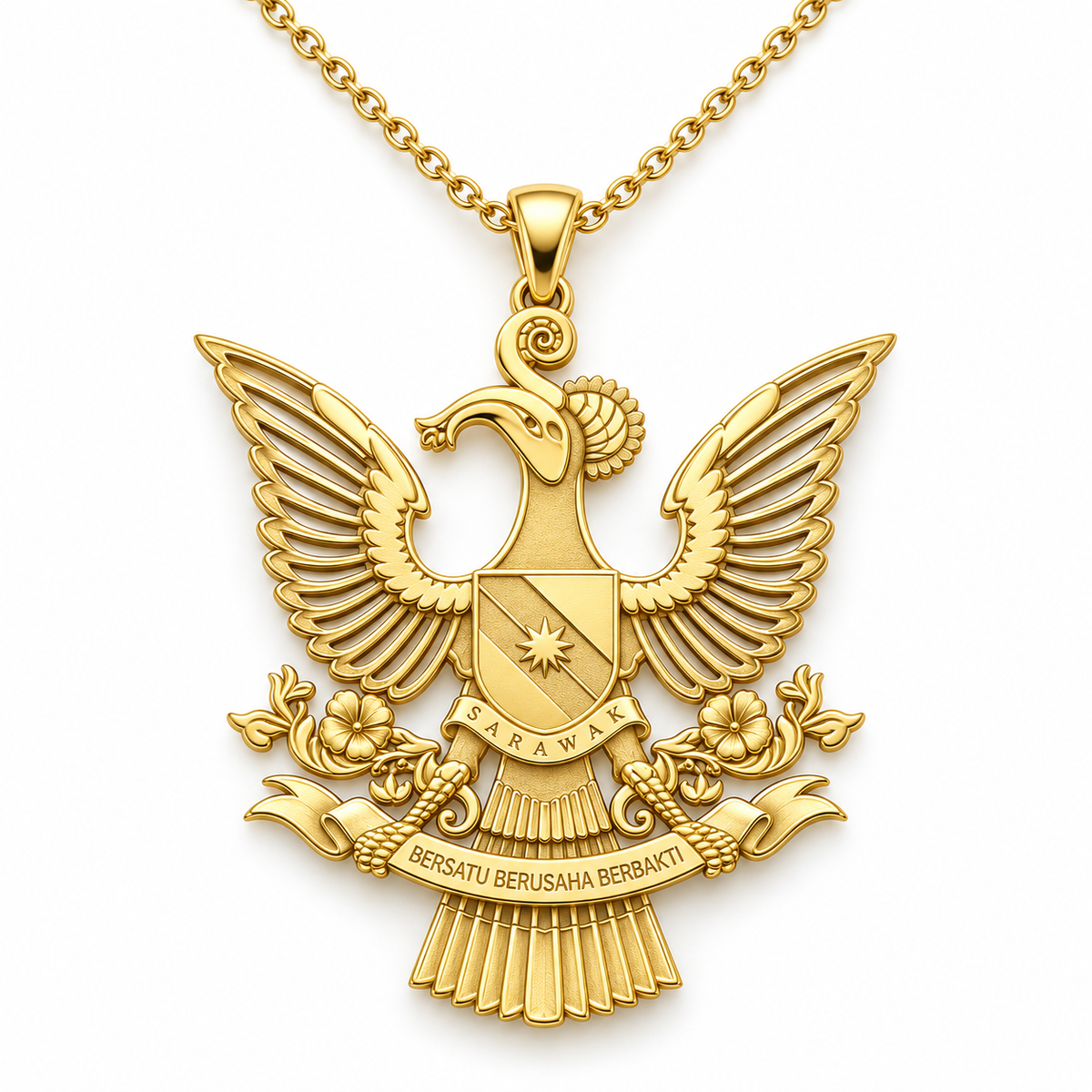 Sarawak Emblem Pendant — front, yellow gold; any chain shown is an optional styling accessory