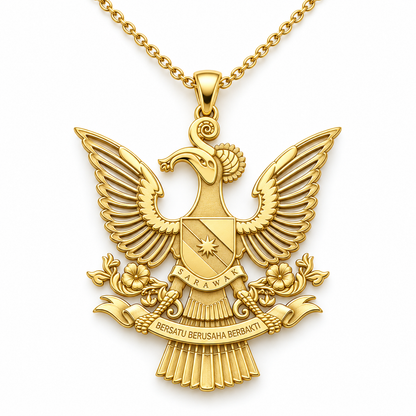 Sarawak Emblem Pendant — front, yellow gold; any chain shown is an optional styling accessory