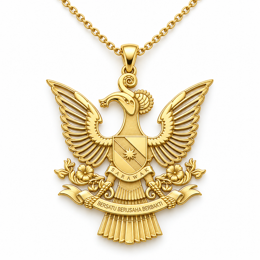 Sarawak Emblem Pendant — front, yellow gold; any chain shown is an optional styling accessory