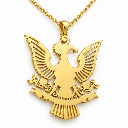 Sarawak Emblem Pendant — plain reverse angle, yellow gold; any chain shown is an optional styling accessory